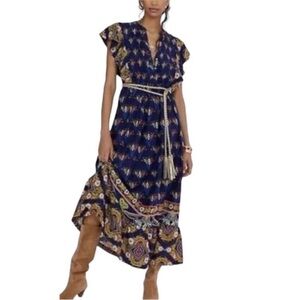 Maeve by Anthropologie Cassandra Flutter Sleeve Navy Blue Maxi Dress Medium